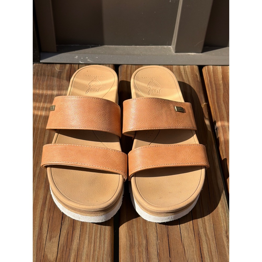 Reef Banded Horizon Hi Tan Platform Slide Sandals Womens 8 Chunky Coastal Comfy